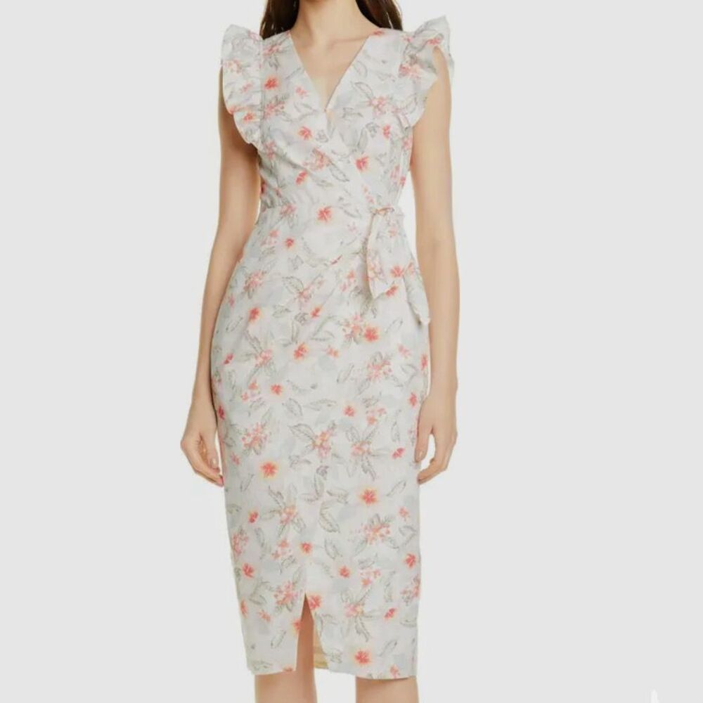 Rebecca Taylor Kamea Wrap Style Cotton Linen Dress Tropical Floral White Multi 6
